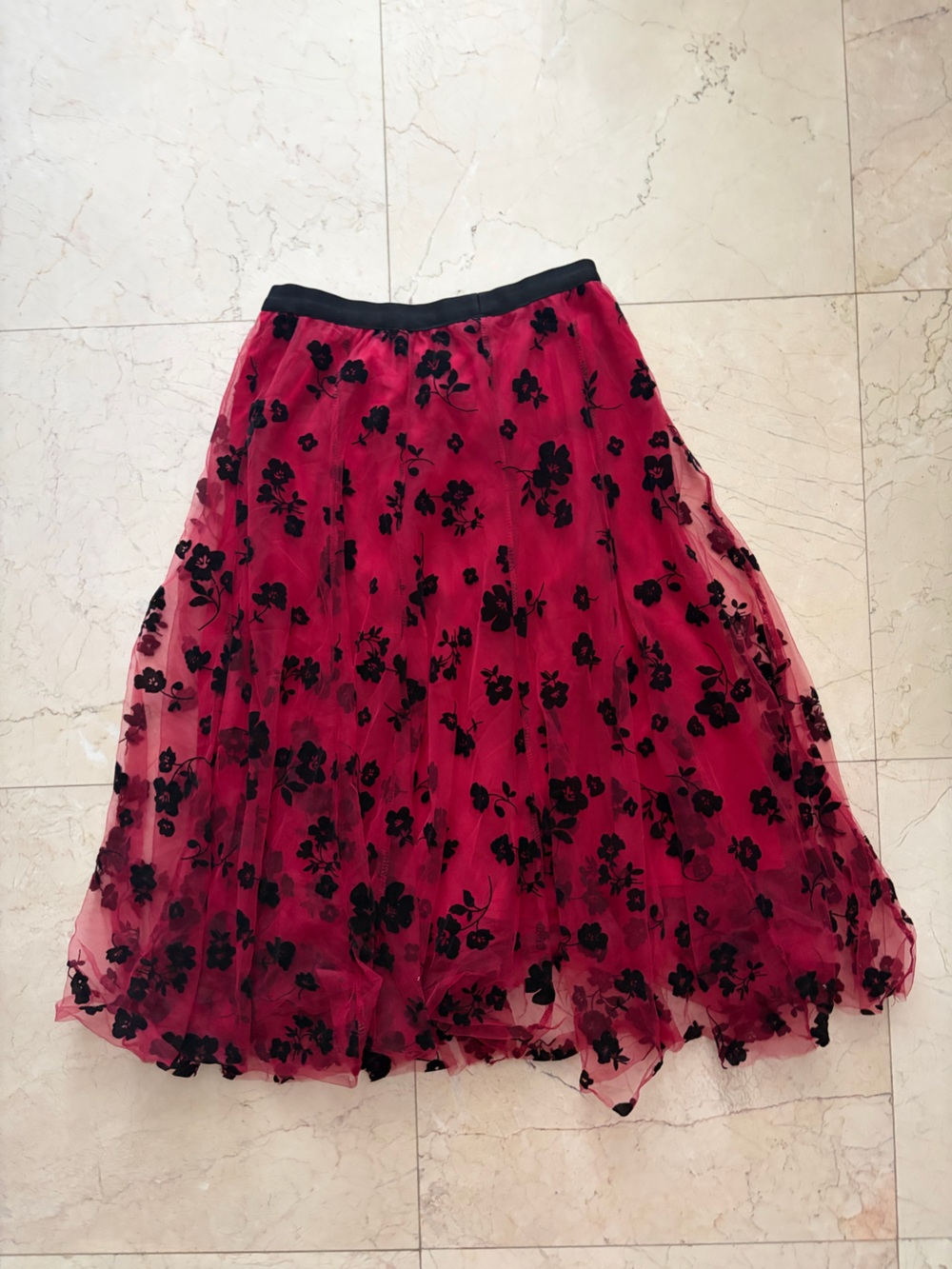 Chicwish Red Tulle Skirt with Black Floral Appliqué